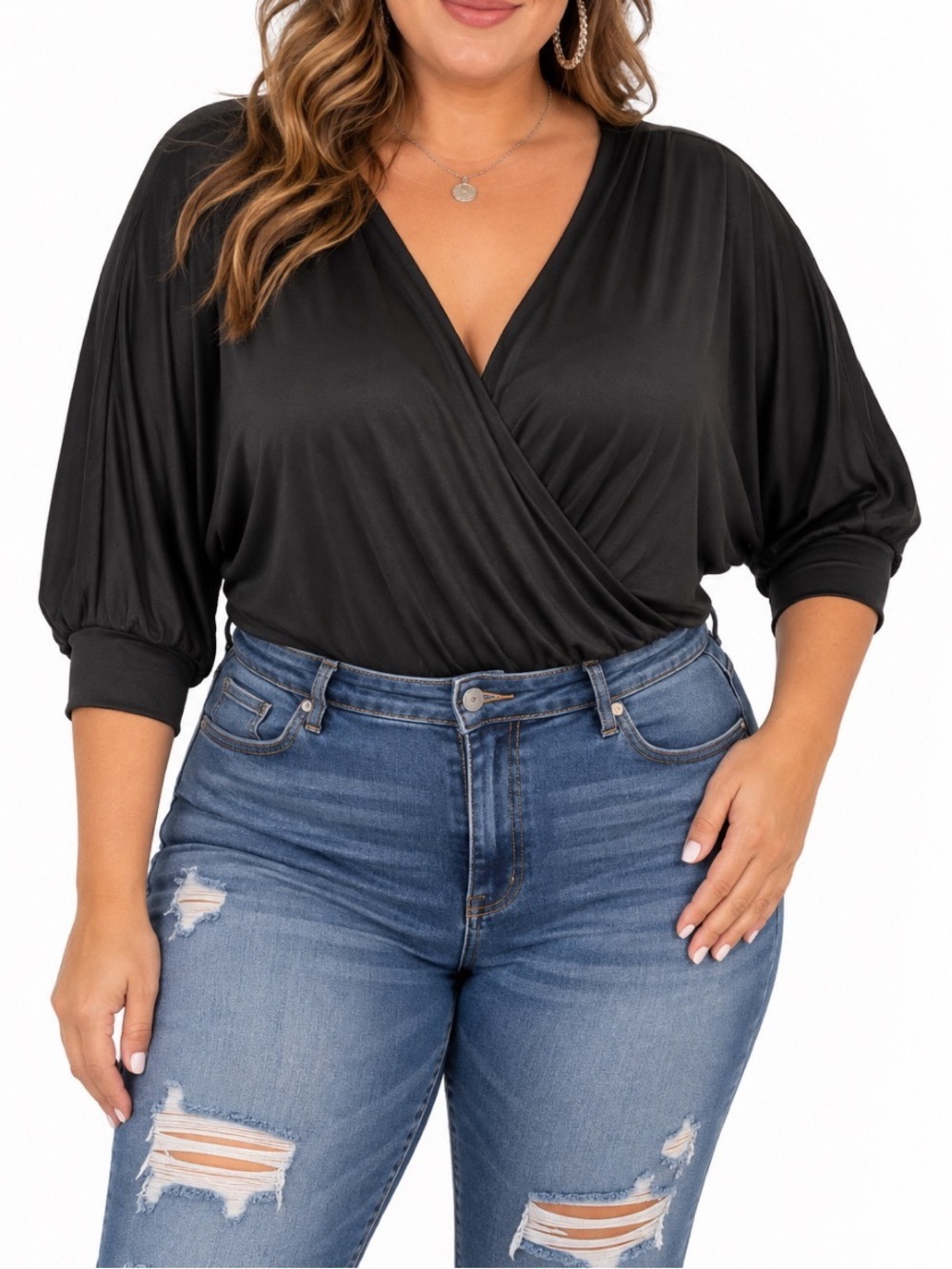 White Birch Black 3/4 Sleeve Wrap Bodysuit – Size 3x